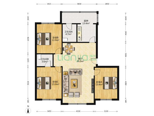 工贸小区 3室1厅2卫 120平方