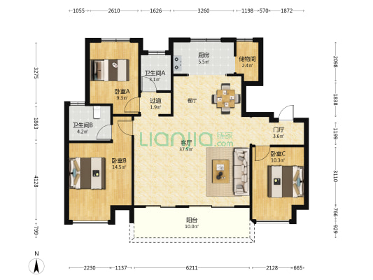 盛世城邦博园 3室1厅2卫 125平方