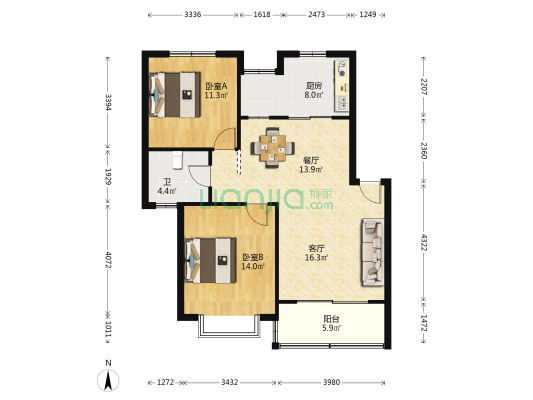 莲怡苑 2室2厅1卫 86平方