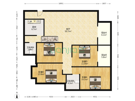 御景华都 4室1厅2卫 169平方