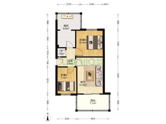 昆明市轻工机械厂职工宿舍2号院 2室1厅1卫 48平方