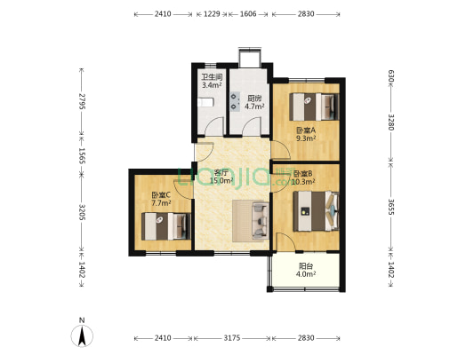 园田路1号 3室1厅1卫 64平方