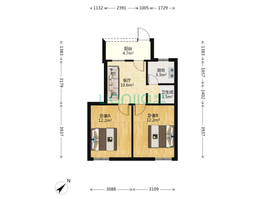 蟹山远洋宿舍 2室1厅1卫 51平方