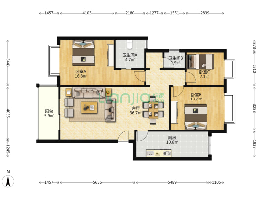汇厦花园 3室1厅2卫 108平方