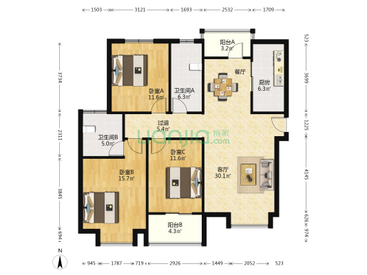 科新花园A区 3室1厅2卫 134平方