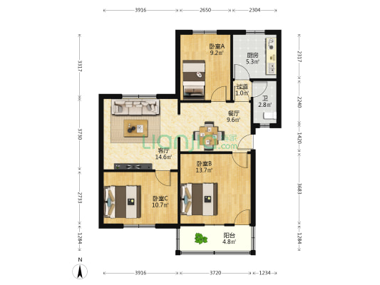 二高家属院 3室2厅1卫 55平方