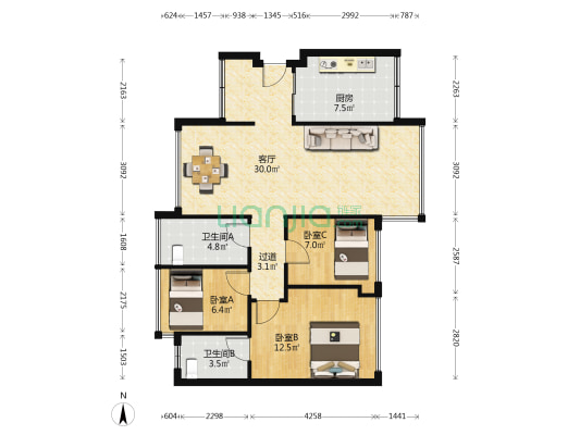 壹成中心第二区 3室1厅2卫 94平方