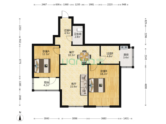 机关事务管理局宿舍 2室2厅1卫 96平方