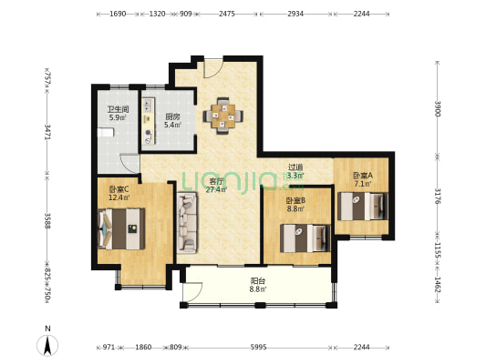 桃颐雅居 3室1厅1卫 115平方