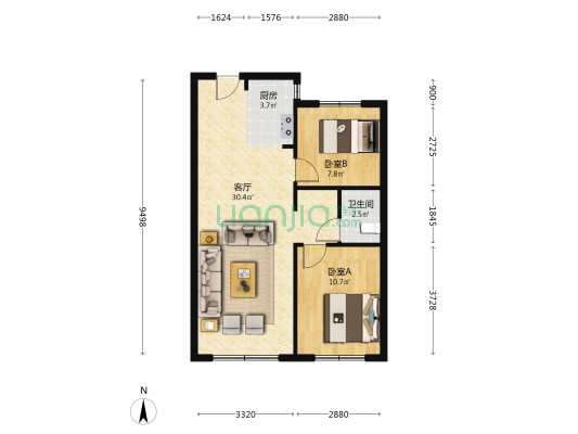 锦溢净月辰院 2室1厅1卫 80平方