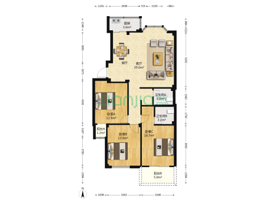 飞凤小区二期 3室1厅2卫 107平方