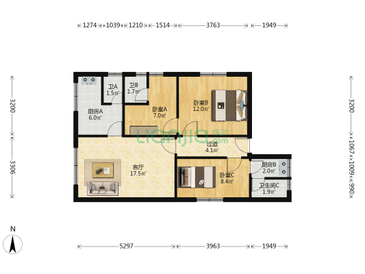 广从南路 3室1厅3卫 87平方