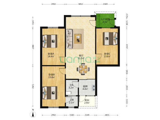 新湖一路 3室1厅2卫 102平方
