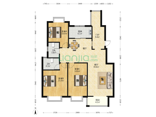 隆府新城 3室1厅2卫 129平方