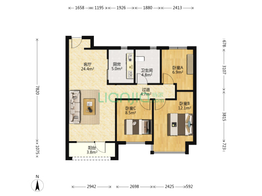 龙湖九里颐和 3室1厅1卫 95平方
