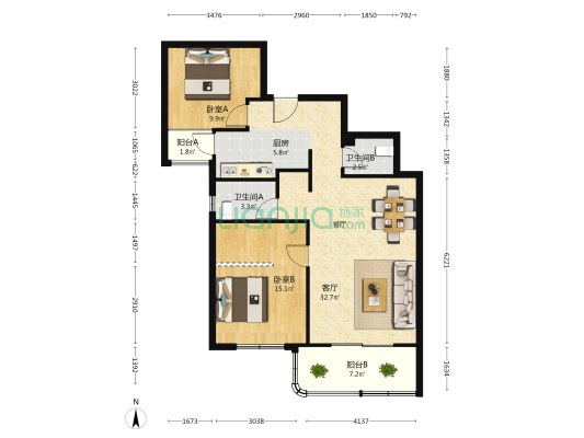 联业大厦 2室1厅2卫 107平方
