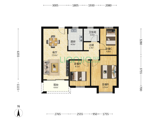 莱蒙湖畔 3室1厅1卫 93平方