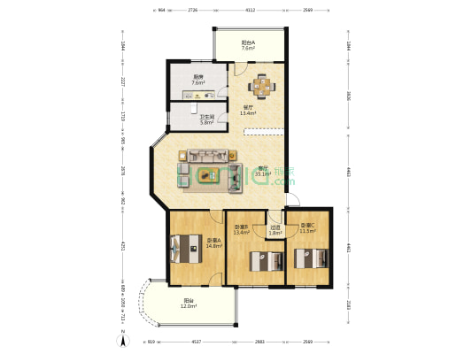 宏扬新城 3室2厅1卫 122平方