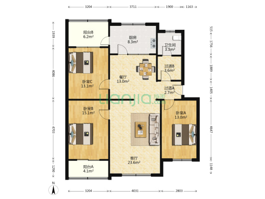 王各庄小区 3室2厅1卫 126平方