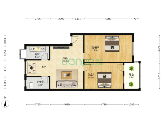 旭东小区 2室1厅1卫 90平方