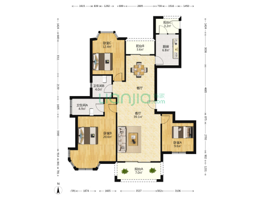 锦绣河山 3室1厅2卫 142平方