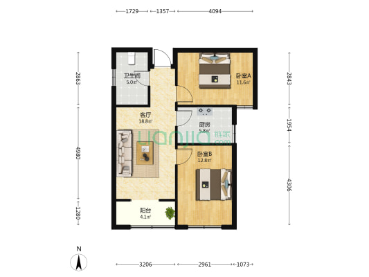 润田丰尚 2室1厅1卫 87平方