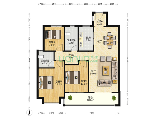 复地雲極 3室1厅2卫 126平方
