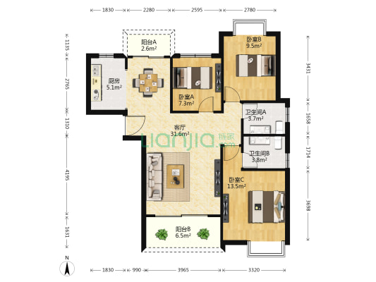尚水花园 3室1厅2卫 111平方