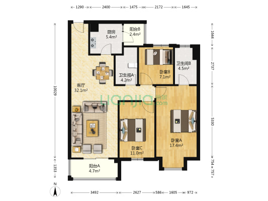 恒大名都二期 3室1厅2卫 119平方