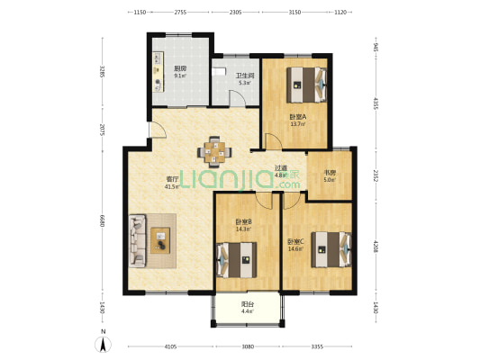 中南花苑 4室1厅1卫 138平方