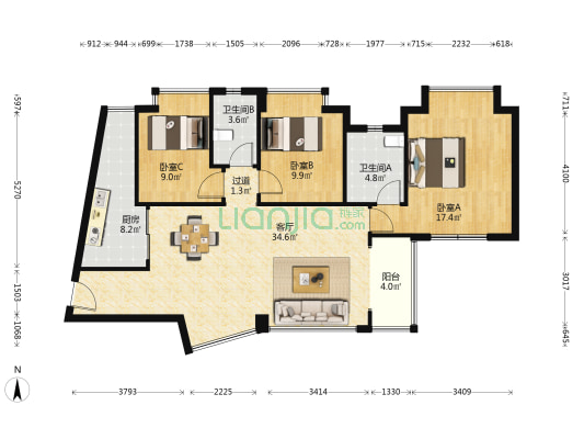 东逸华庭 3室1厅2卫 117平方
