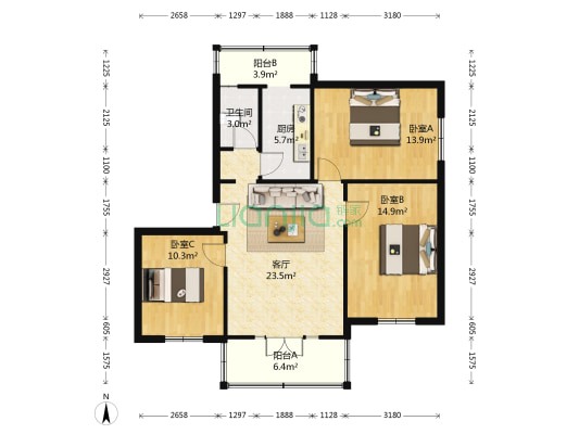 城北社区 3室1厅1卫 89平方