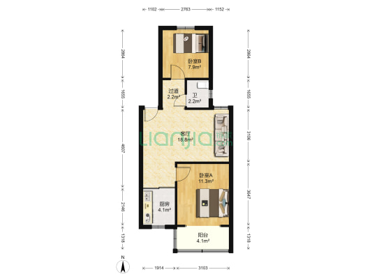 花园路18号 2室1厅1卫 66平方