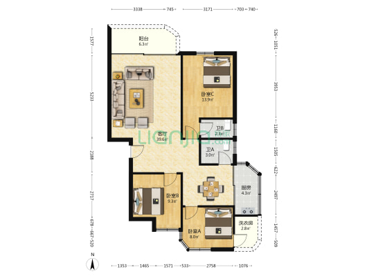 华泰新邨 3室1厅2卫 101平方