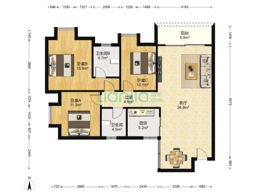 清和源 3室1厅2卫 104平方