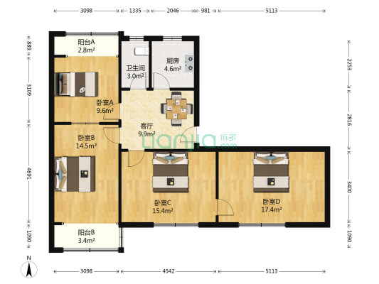 花园路26号院 4室1厅1卫 91平方