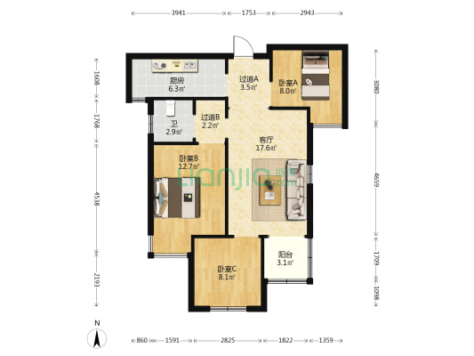 润丰聚尚 3室1厅1卫 91平方