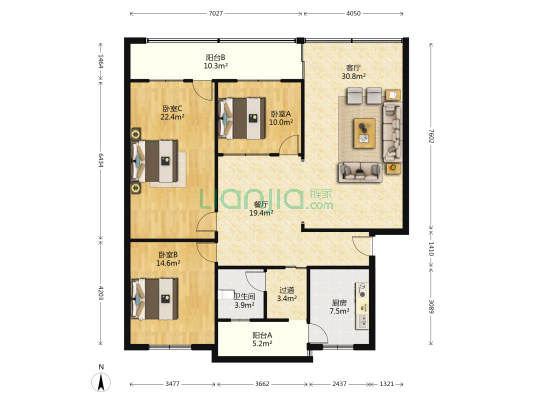 陵州路一段421号 3室2厅1卫 149平方