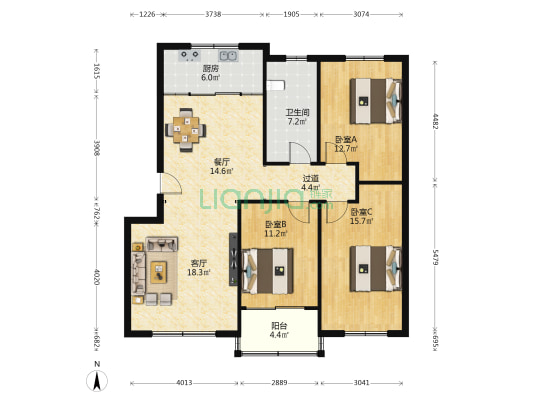 唐骏家园 3室2厅1卫 118平方