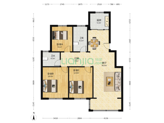 锦绣花苑东区 3室1厅2卫 127平方