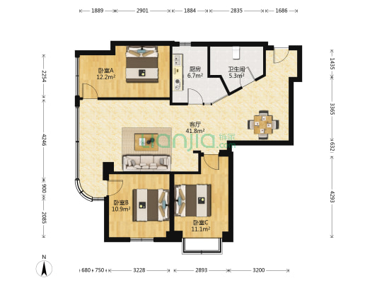 中电广场尊荣国际 3室1厅1卫 127平方