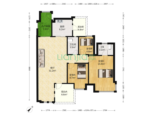 万科四季花城悦山美筑 3室1厅2卫 120平方