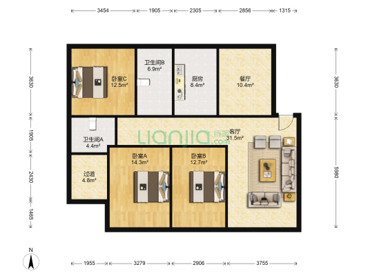 新世纪花园 3室2厅2卫 133平方