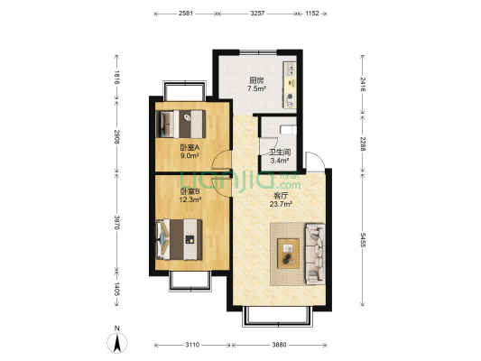梁源小区西区 2室1厅1卫 64平方