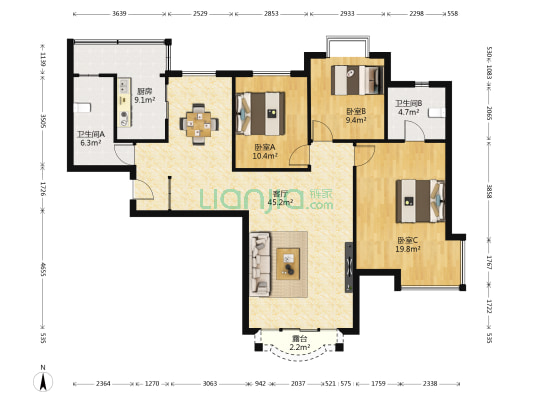 太阳岛 3室1厅2卫 146平方