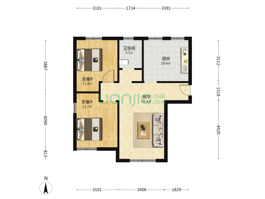 景和园 2室1厅1卫 95平方
