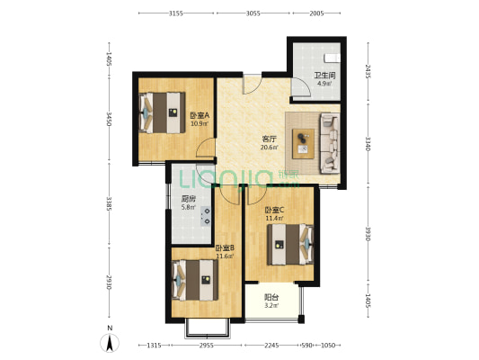 联合七号院  南向三居室  精装婚房  中间楼层-户型图