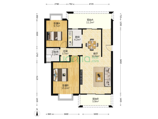居住主题公园-玫瑰华庭 2室1厅1卫 96平方