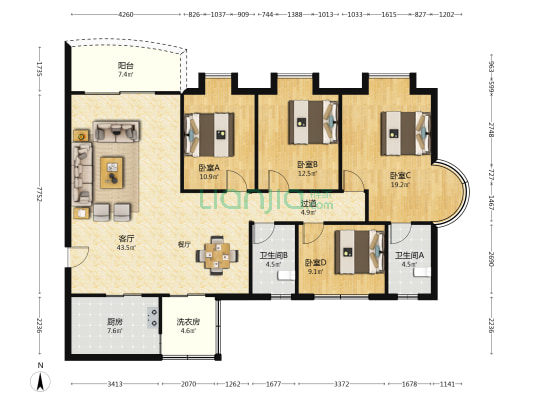升平苑 4室1厅2卫 157平方