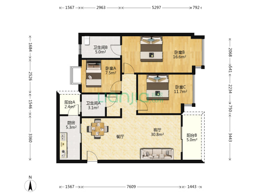 万科城 3室1厅2卫 105平方